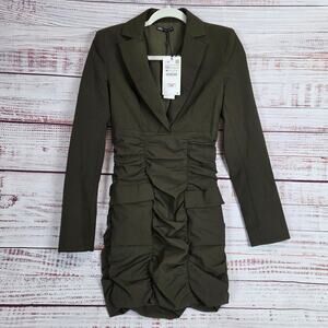 Zara Hunter Green Corpcore Dress XS Collar Ruched Business Office Siren Side Zip